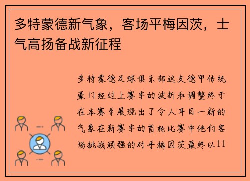 多特蒙德新气象，客场平梅因茨，士气高扬备战新征程